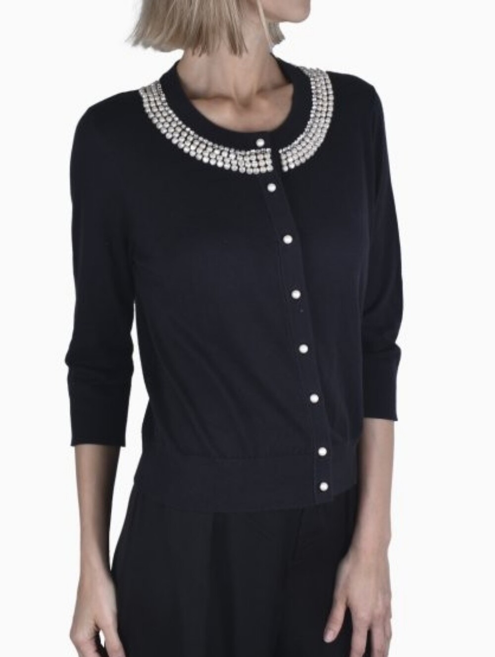 Kate Spade Embellished Black Crewneck Cardigan with Pearl Buttons